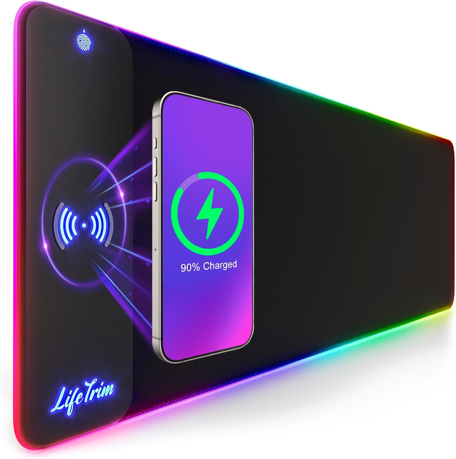 RGB Wireless Charging Gaming Mouse Pad, 35.5 x 12 Inch LED Desk Mat with 10 Lighting Modes, XXL Non-Slip Mousepad with Qi Fast Charging for Keyboard, Mouse, and Phones