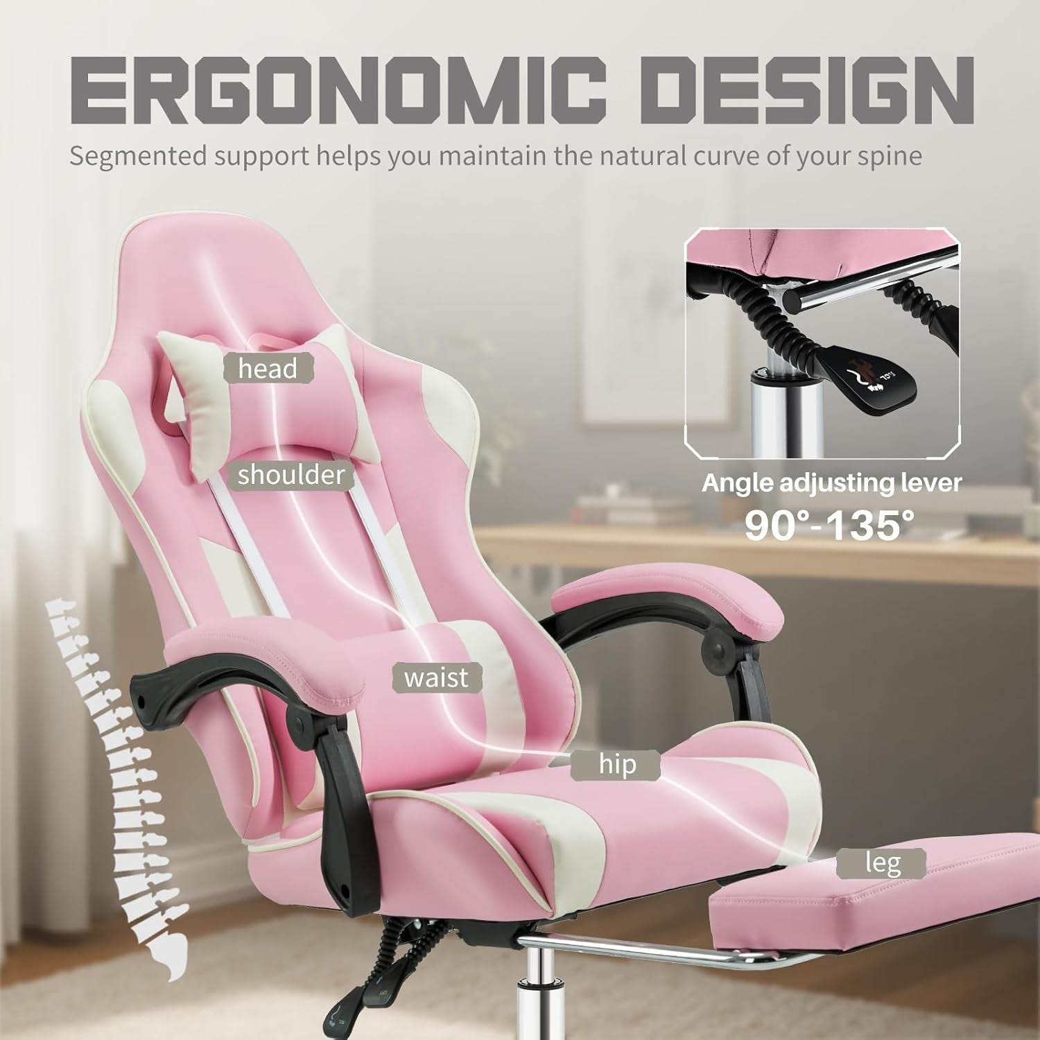 Ergonomic Gaming Office Desk Chair with Footrest and Headrest for Adults, PU Leather Video Computer Chair with Linkage Armrests, Height Adjustable 360° Swivel Recling Chair, White Pink