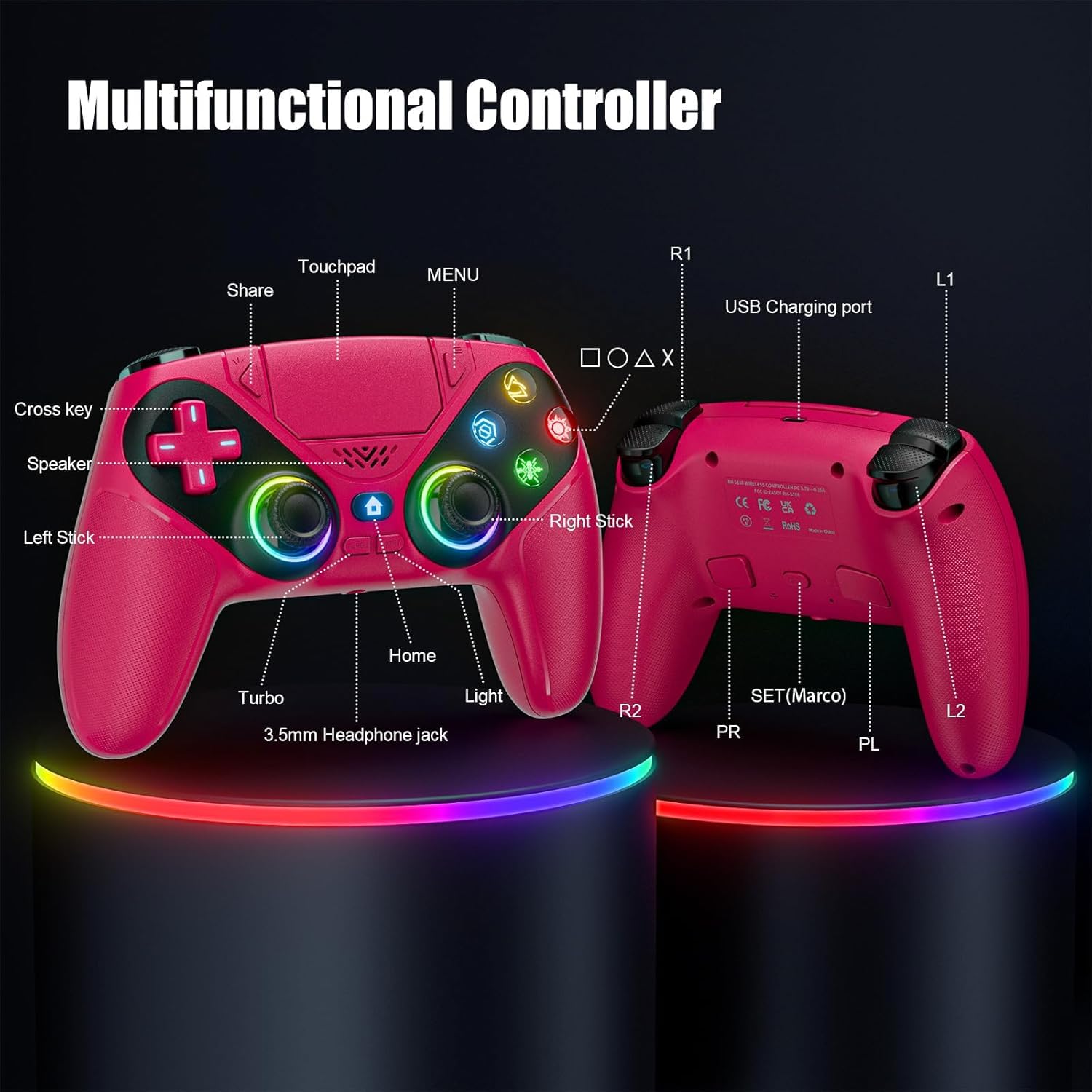 RGB Wireless Gaming Controller for PS5 and PC, Bluetooth Gamepad with Turbo and Macro, 6-Axis Motion Control, Dual Vibration, 3.5mm Audio Jack, 1000mAh Battery, Red