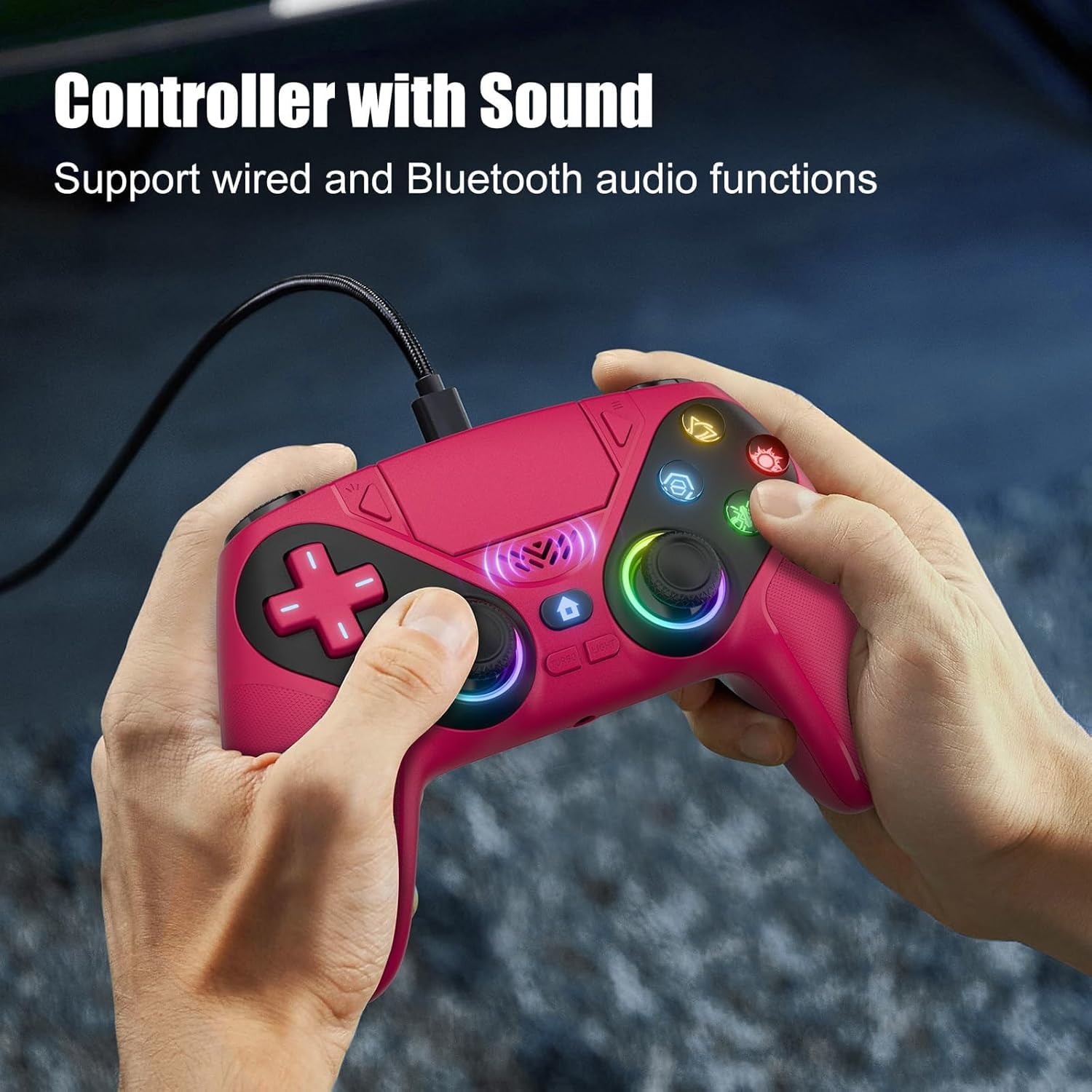 RGB Wireless Gaming Controller for PS5 and PC, Bluetooth Gamepad with Turbo and Macro, 6-Axis Motion Control, Dual Vibration, 3.5mm Audio Jack, 1000mAh Battery, Red
