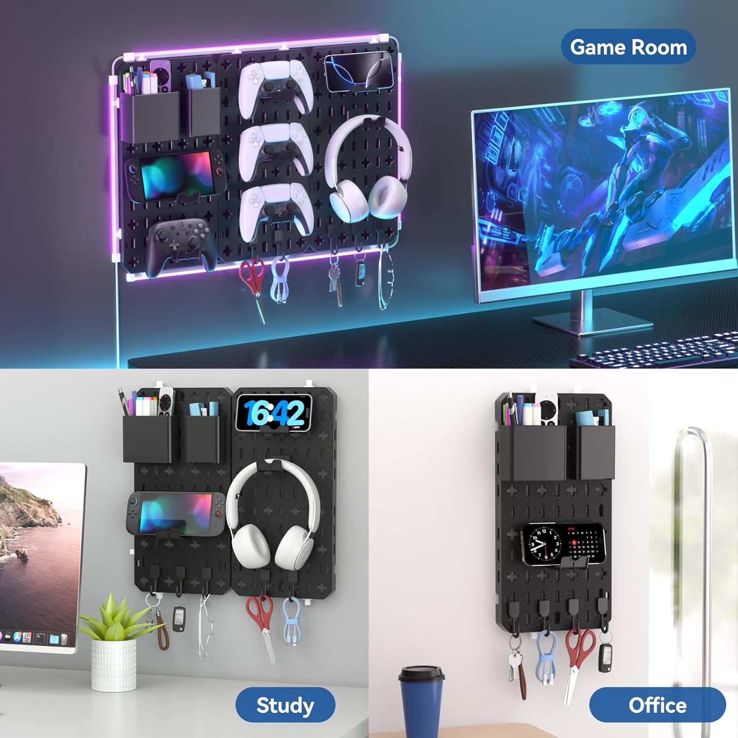 Wall Organizer Peg Board - 7 in 1 Gaming Pegboard Accessories with RGB Led Strip