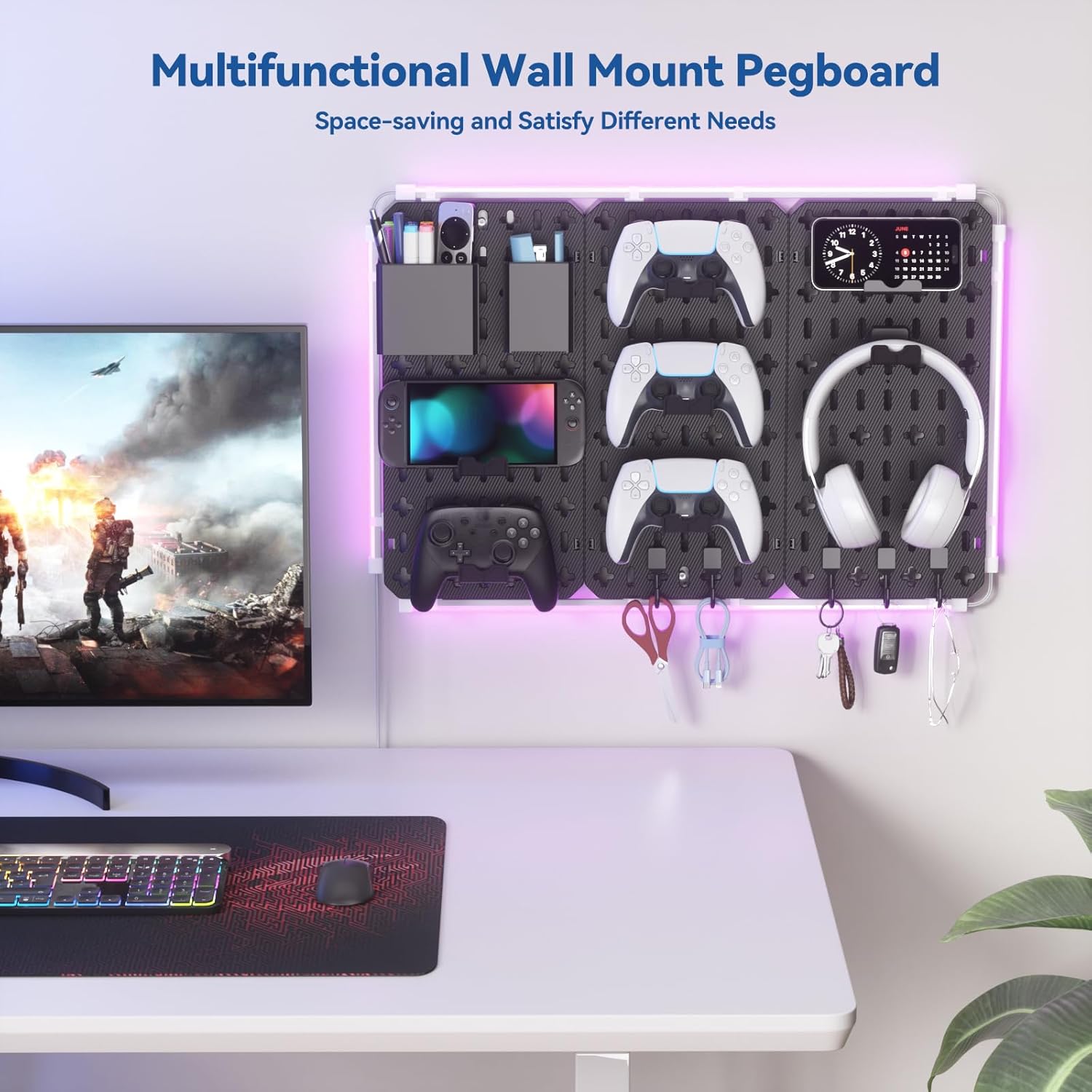 Wall Organizer Peg Board - 7 in 1 Gaming Pegboard Accessories with RGB Led Strip