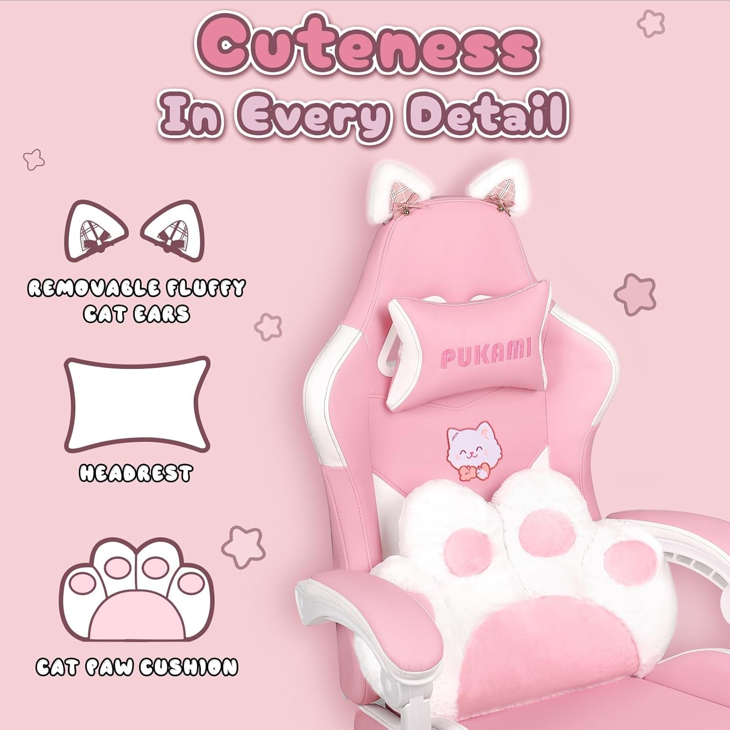 Pink Gaming Chair Cute with Cat Ears and Cat Paw Lumbar Cushion, Ergonomic Computer Chair for Girl with Footrest and Headrest, Comfortable Reclining PC Game Chair for Adult, Teen, Pink
