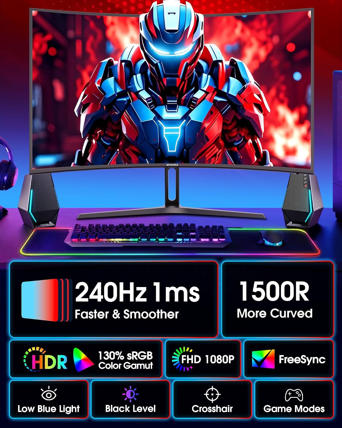 SANSUI 27" Curved Gaming Monitor, 240Hz, 1ms, FHD 1080p, FreeSync, HDR, 1500R