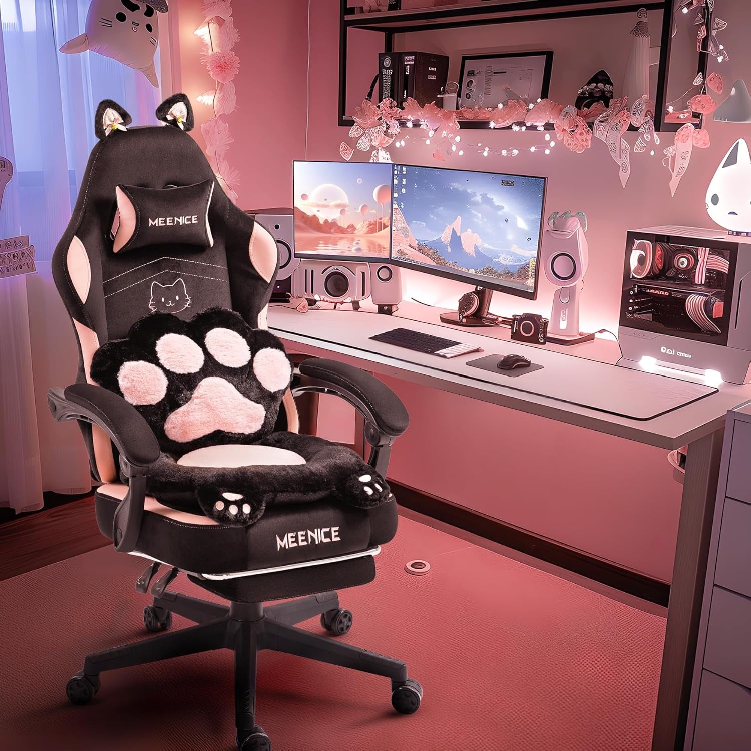 Pink Gaming Chair Cute with Cat Ears Paw Lumbar and Cushion,Ergonomic Computer Chair with Footrest,Reclining PC Game Chair for Girl Computer Chair 300Lbs for Adult