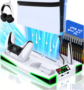 PS5 Stand, Vertical Cooling Station for PS5/PS5 Slim Console with 3-Level Ultra Cooling Fan, PS5 Accessories Dual Controller Charger, 3 Charger Ports, Headset Holder, Dynamic Light
