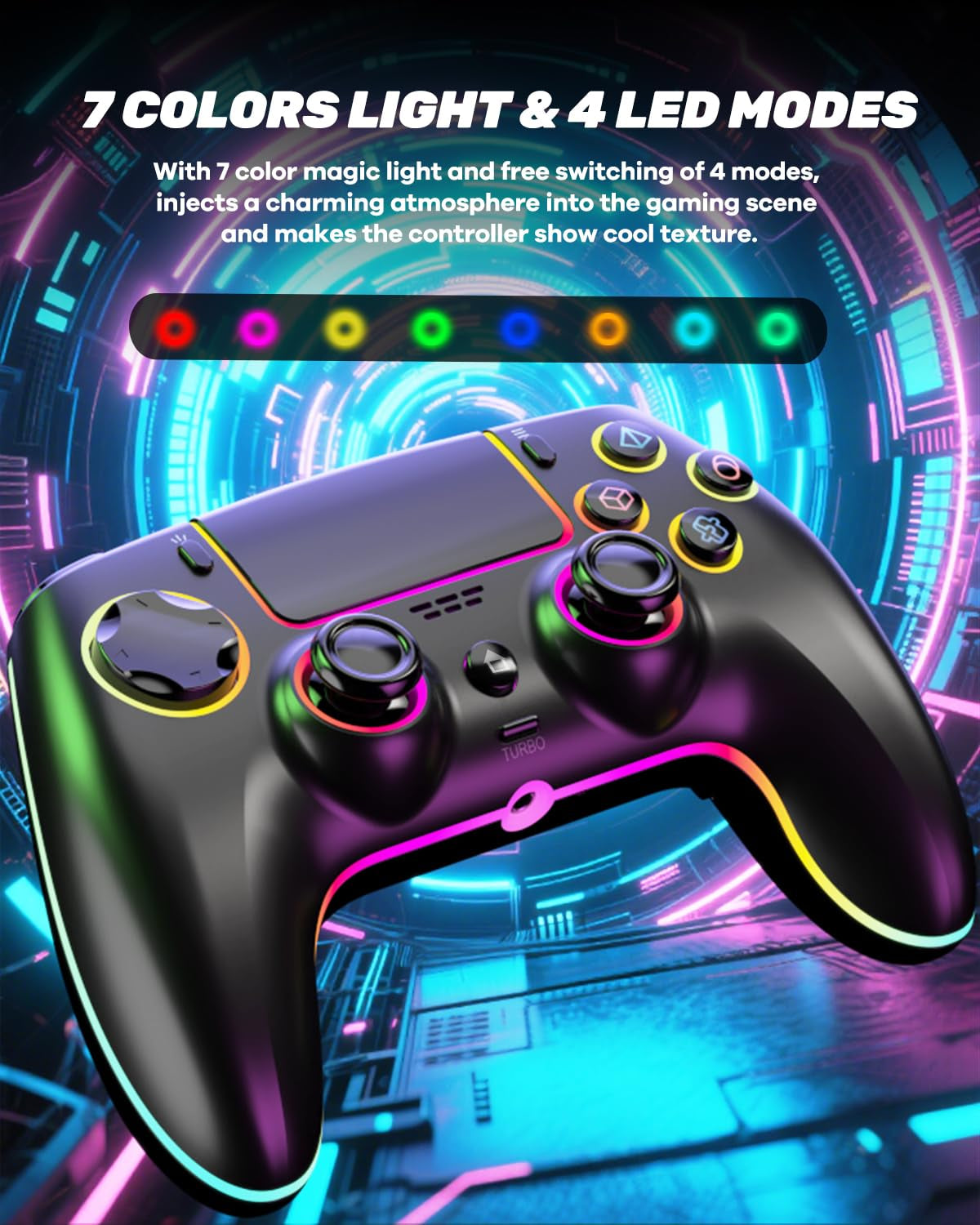 Wireless Pro Controller for Ps-5/Pc/Mac/Ios/Android/Steam Deck, Gamepad with 7 Variable Color RGB Lights/Hall Effect Joystick/Dual Vibration/Turbo/Programmable/Headset Jack/Touchpad/1500 Mah Battery