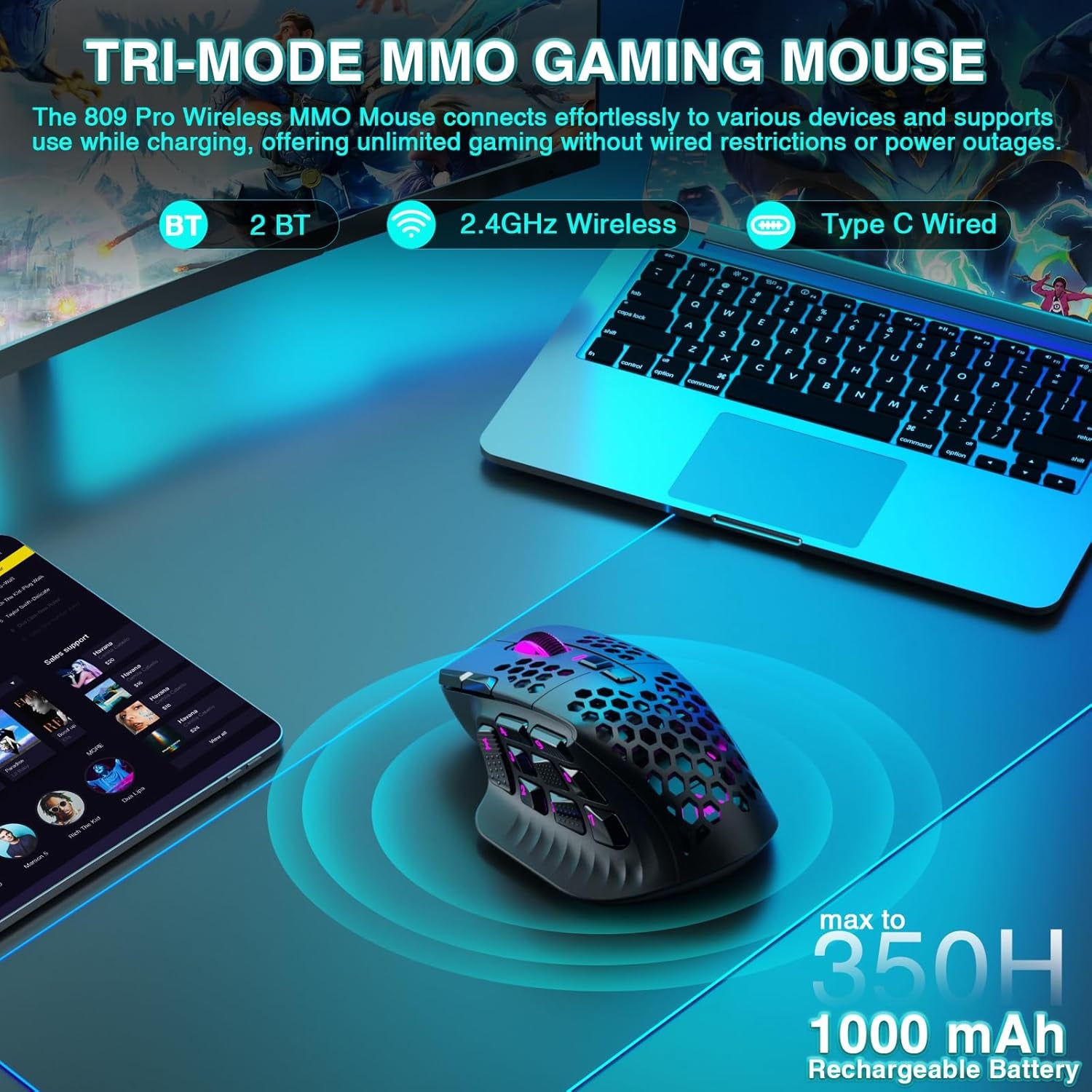 SM809 Pro Gaming Mouse with 9 Side Buttons, 24000 DPI, Triple-Mode Wireless, Black