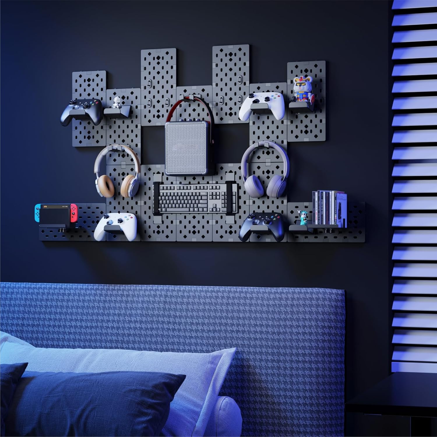 Controller and Headphone Holder Wall Mount, Modular Gaming Pegboard Organizer with Accessories, Wall Mounted Storage System for PS5, Xbox, and Nintendo Gear