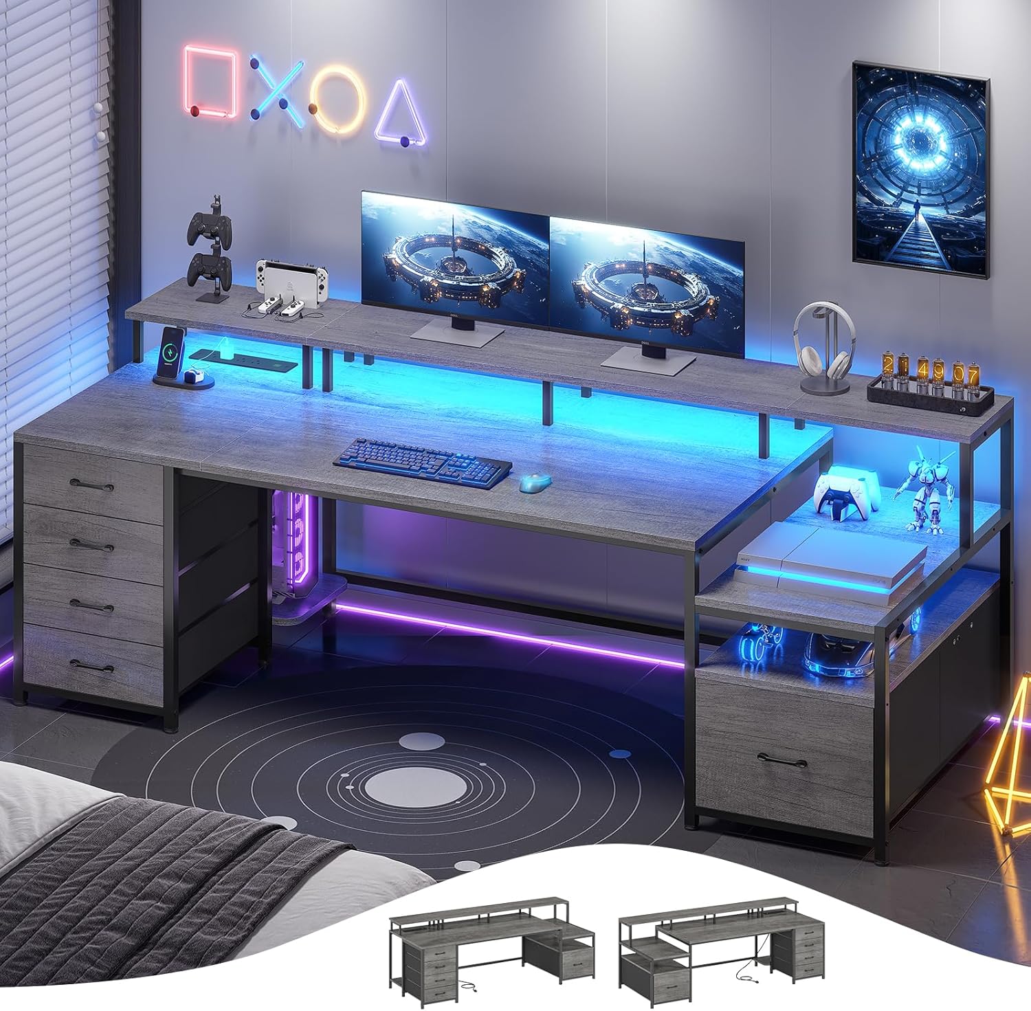 L Shaped Gaming Desk with LED Lights, Monitor Stand, Storage Shelves, and Power Outlets