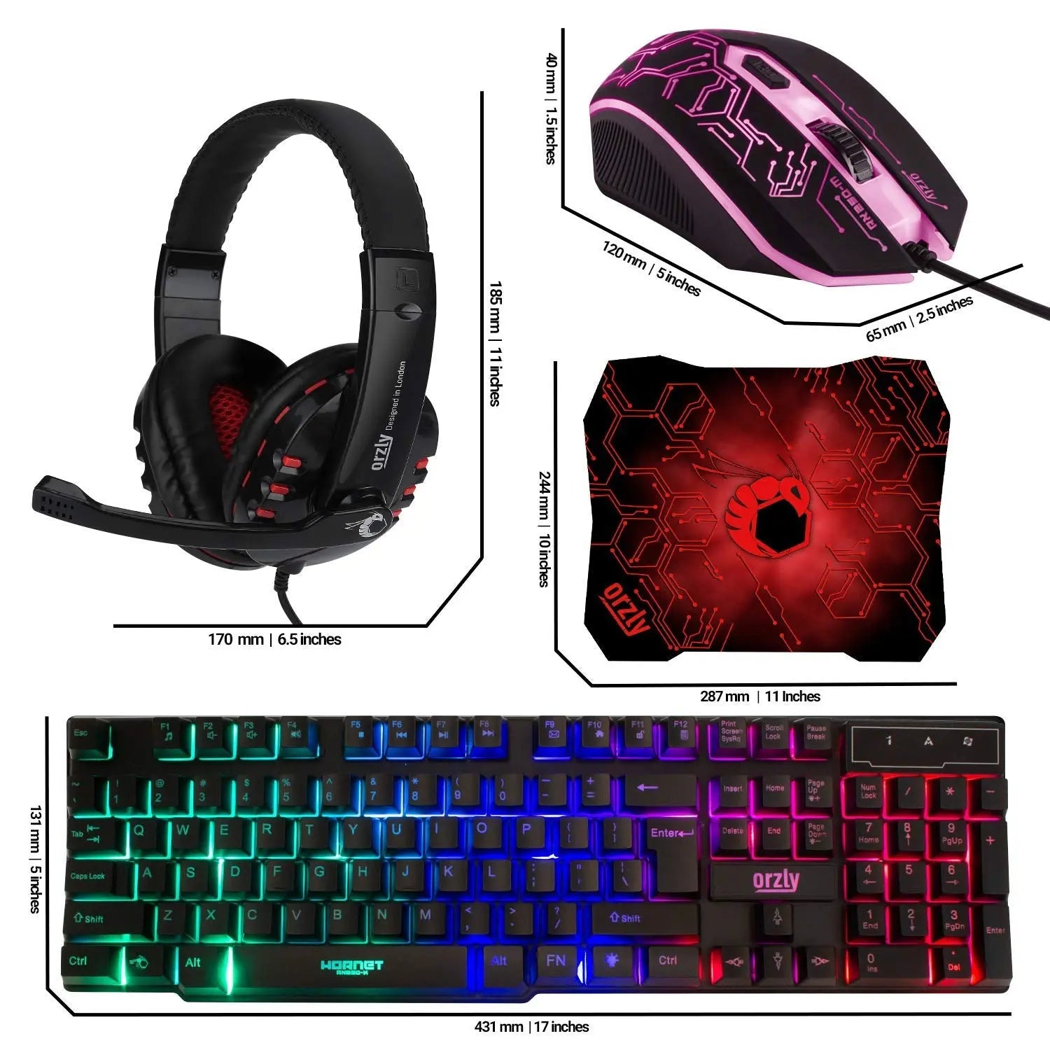 Gaming Keyboard and Mouse and Mouse Pad and Gaming Headset, Wired LED RGB Backlight Bundle for PC Gamers and Xbox and PS4 Users - 4 in 1 Edition Hornet RX-250