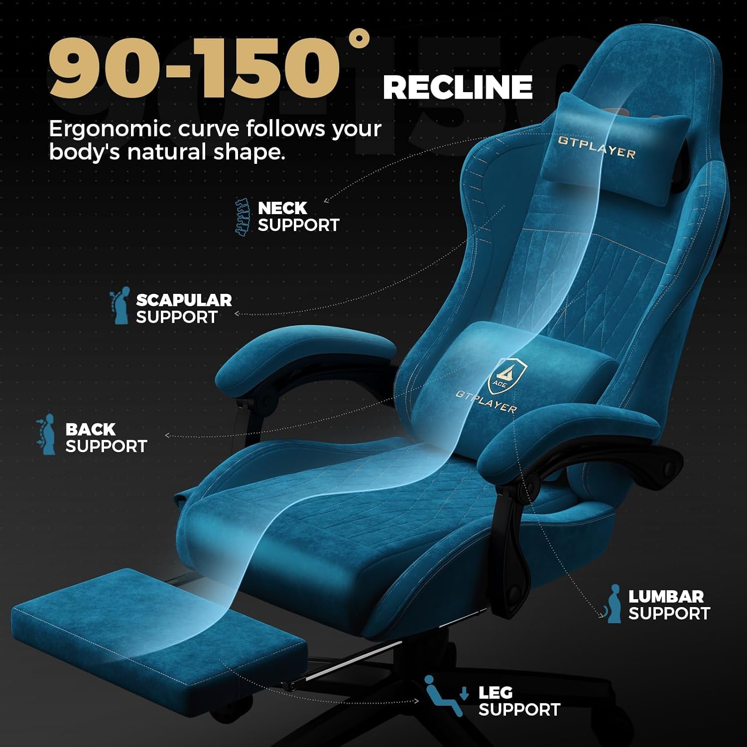 ACE-PRO Music Gaming Chairs – Built-In Speakers, App Support & Bluetooth Control, Computer Game Chairs with Footrest for Adults, Ergonomic Reclining Silla, Linkage Armrest, Blue 【Velvet】