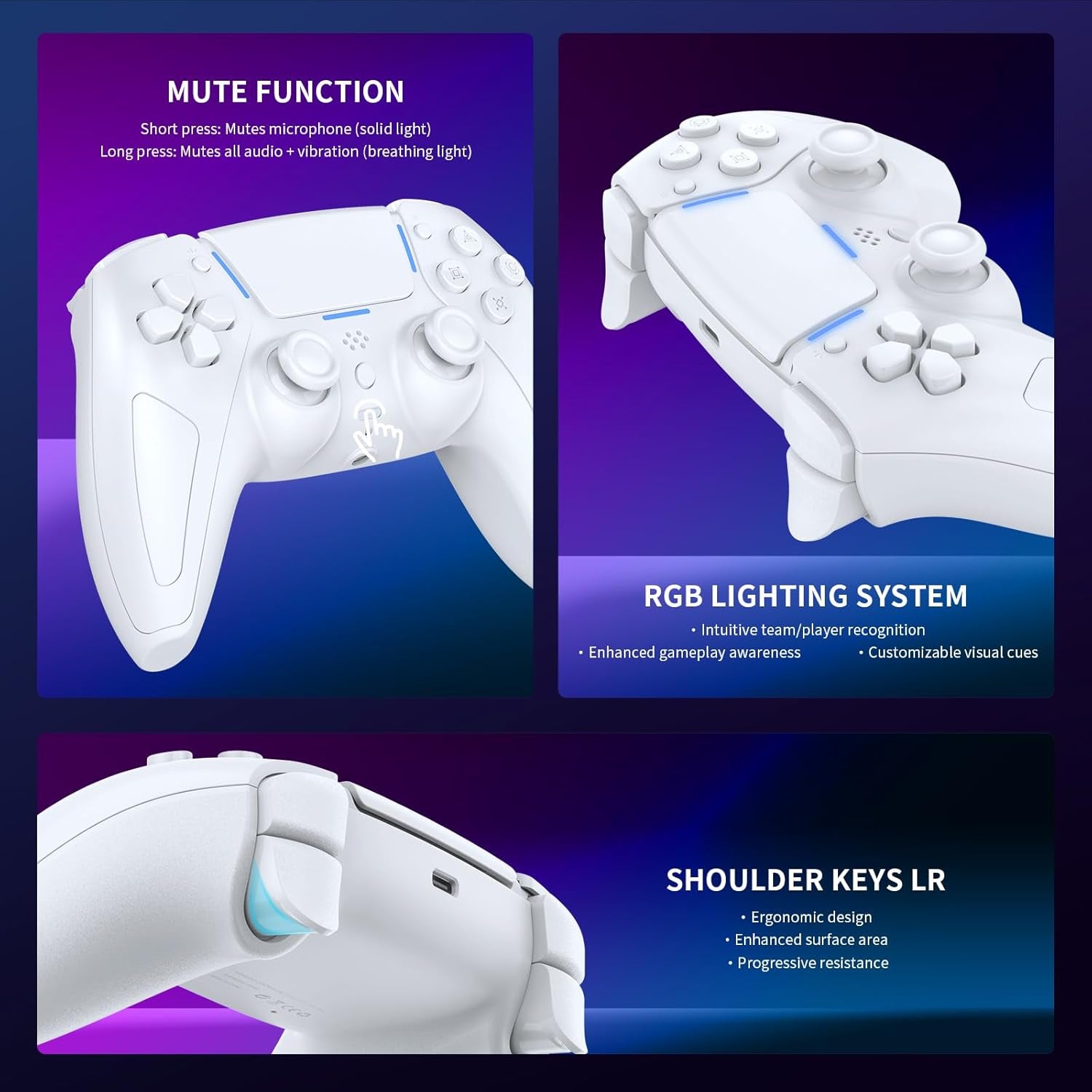 Wireless Gaming Controller Compatible with Ps5/Android/Pc, with LED Lights, Bluetooth,Hall Effect Joystick, Dual Vibration, 3.5Mm Audio Jack, 6-Axis Motion Contro Gamepad with Speaker (White)