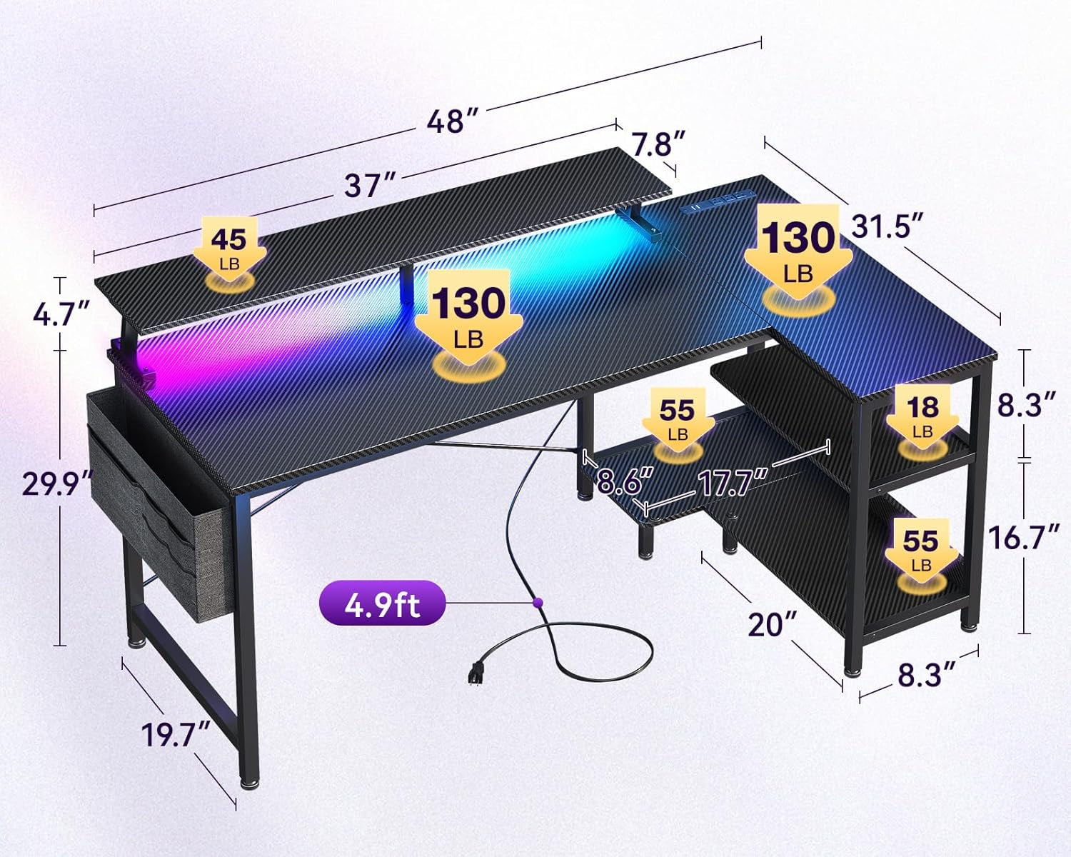 48 Inch Gaming Desk with LED Lights and USB Charging Ports, Reversible L Shaped Computer Desk with Monitor Stand, Storage Shelves, and Power Outlets, Corner Gaming Desk, Black