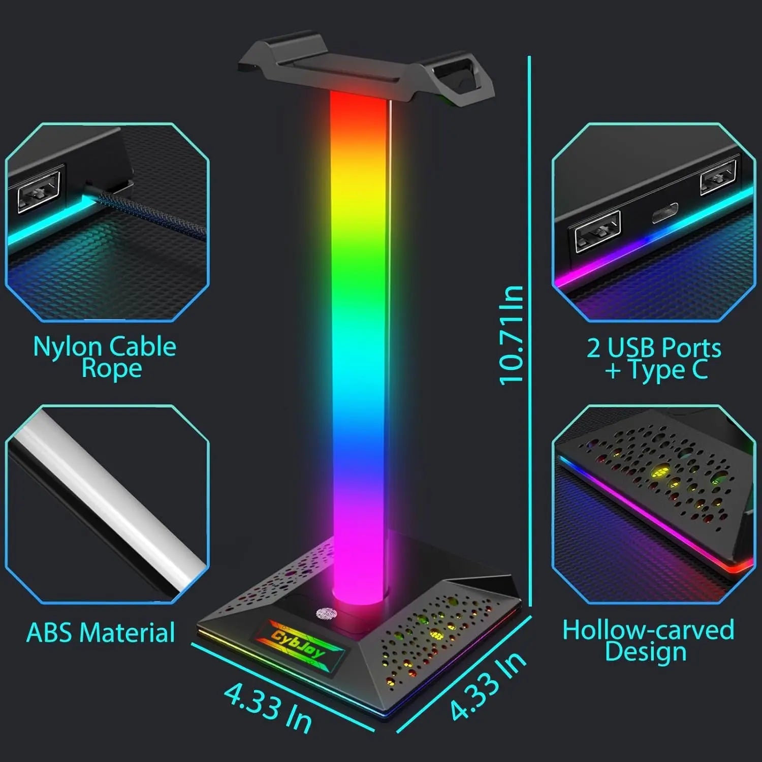 RGB Headset Stand, Gaming Headphone Stand with 2 USB Charging Ports,10 Light Modes Headset Holder PC Gaming Accessories, Suitable for All Earphone Accessories, Gift for Boys Men Gamers