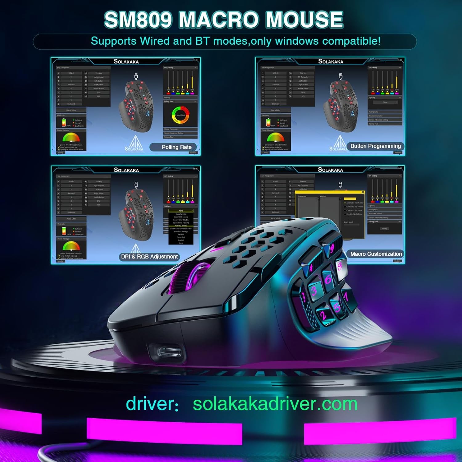 SM809 Pro Gaming Mouse with 9 Side Buttons, 24000 DPI, Triple-Mode Wireless, Black