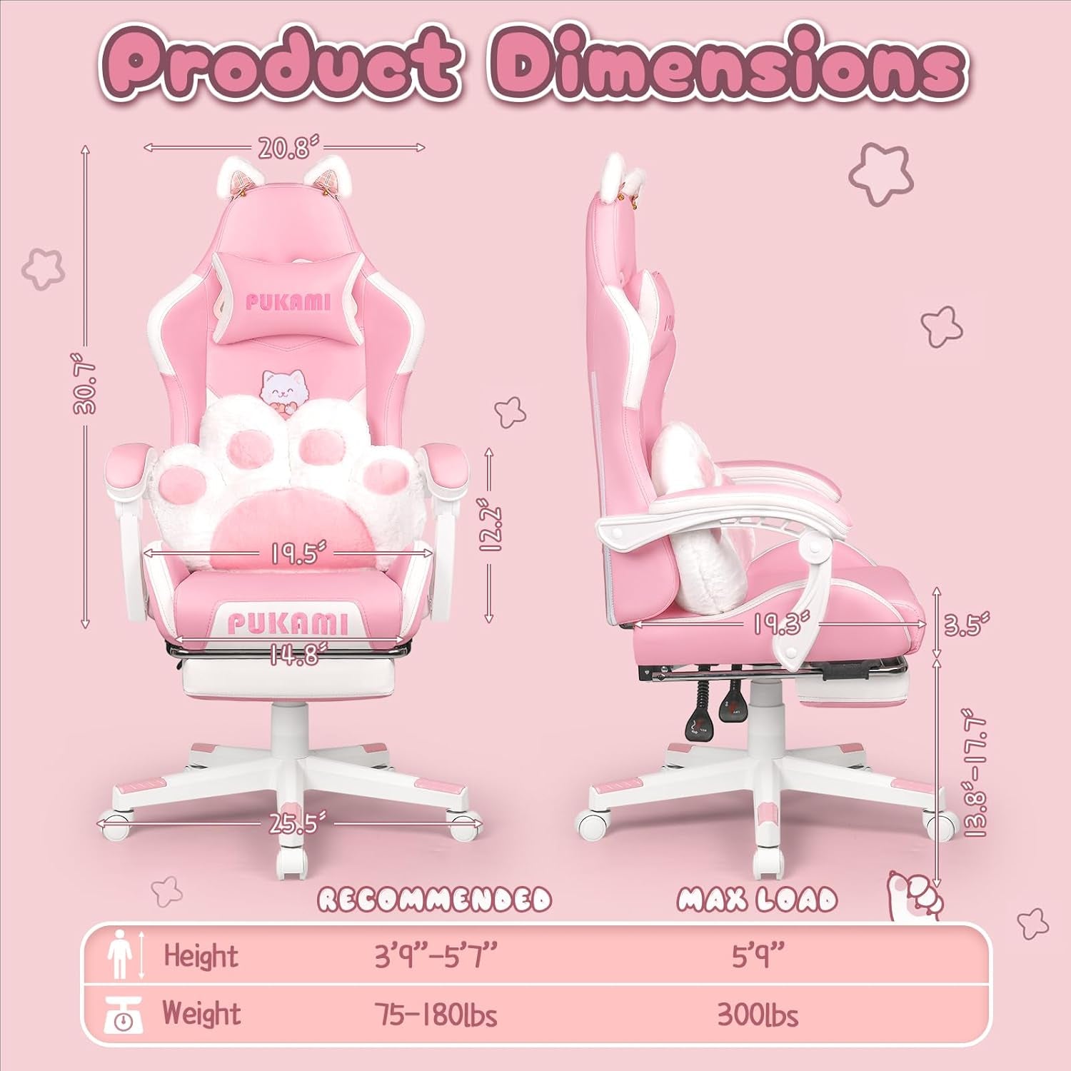 Pink Gaming Chair Cute with Cat Ears and Cat Paw Lumbar Cushion, Ergonomic Computer Chair for Girl with Footrest and Headrest, Comfortable Reclining PC Game Chair for Adult, Teen, Pink