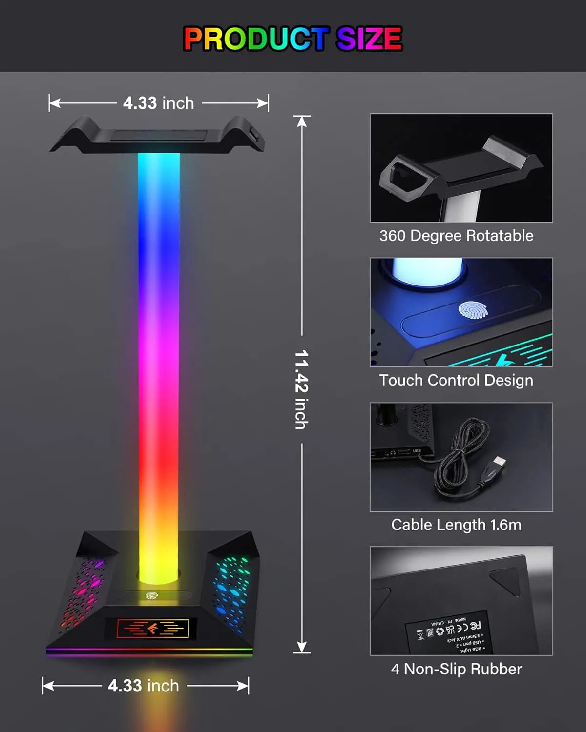 Headphone Stand Gaming Headset Holder RGB PC Gaming Accessories for Desk, Cool LED Headset Stand with 2 USB Charger for Gamer, Black