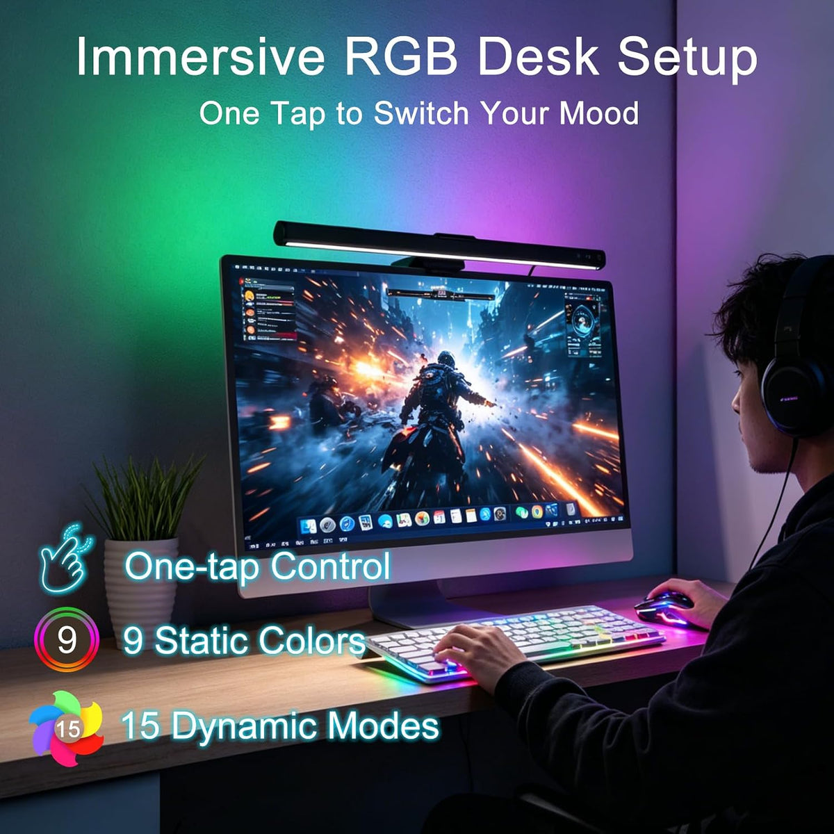 BZHKU 16.6" RGB Monitor Light Bar, Dimmable Gaming Desk Light with 9 RGB Modes & 3 Color Temperatures