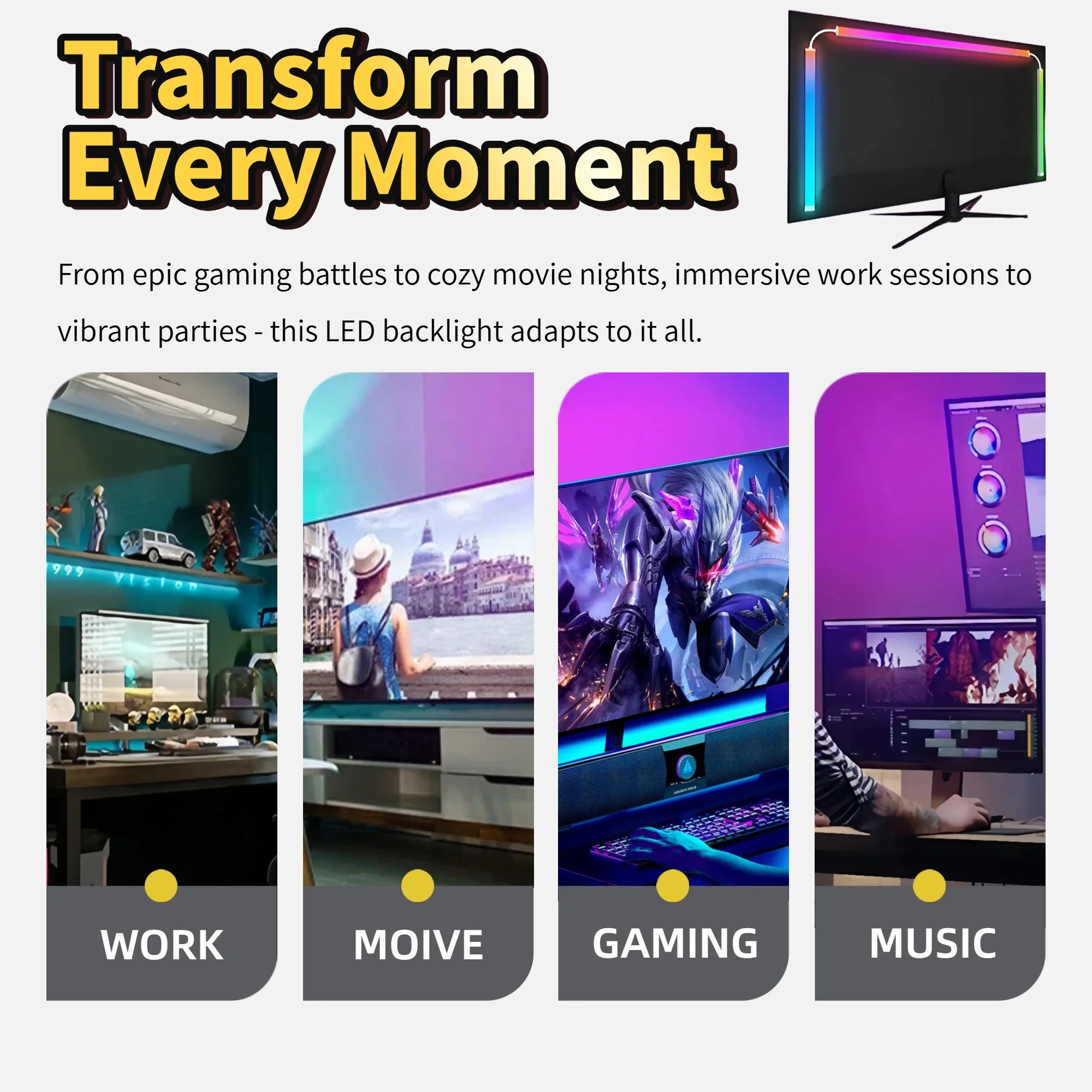 RGBIC PC Monitor Backlight - 360° 4-Side Screen Mirror Sync - Zero Lag Reactive Gaming Lights for Windows & Mac