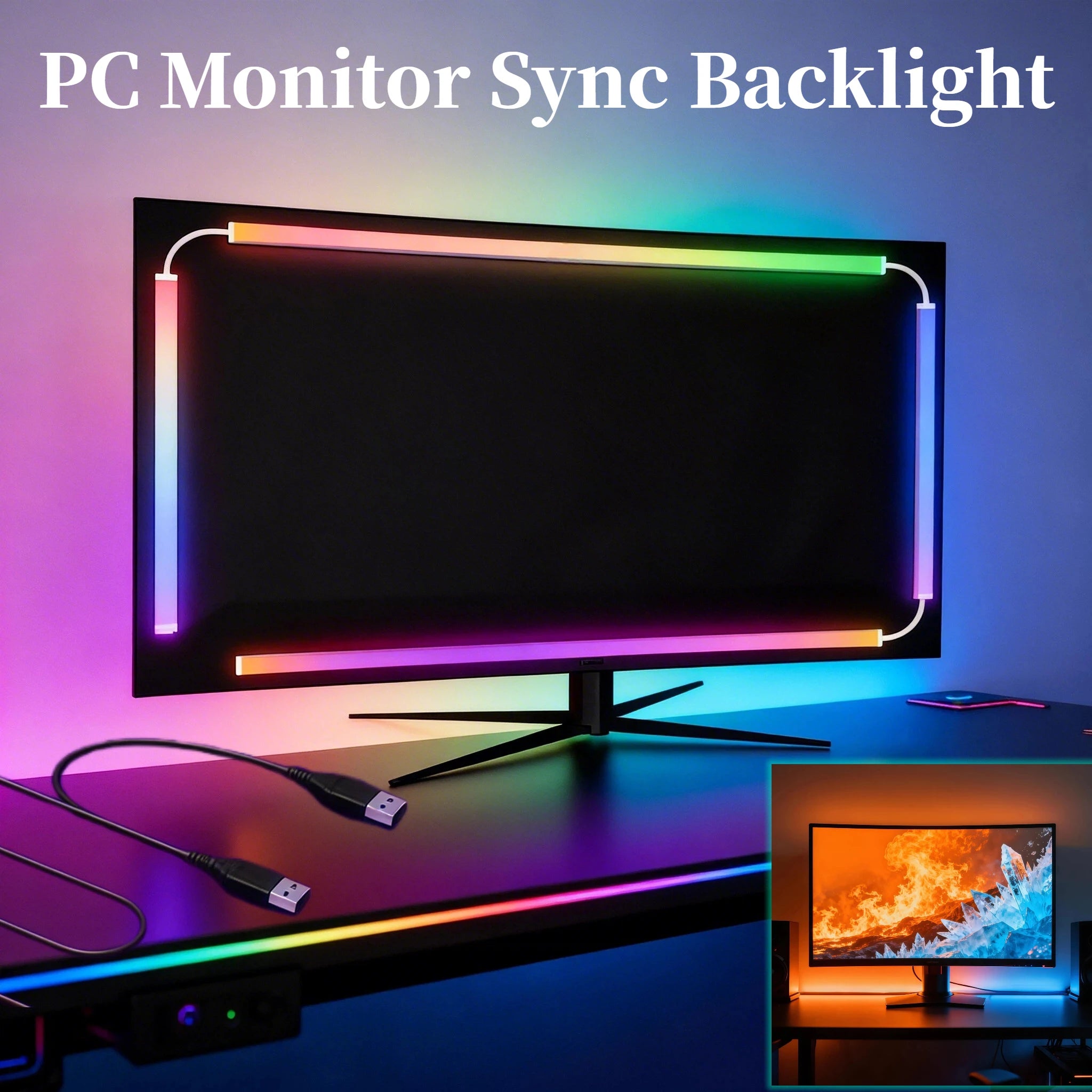 RGBIC PC Monitor Backlight - 360° 4-Side Screen Mirror Sync - Zero Lag Reactive Gaming Lights for Windows & Mac