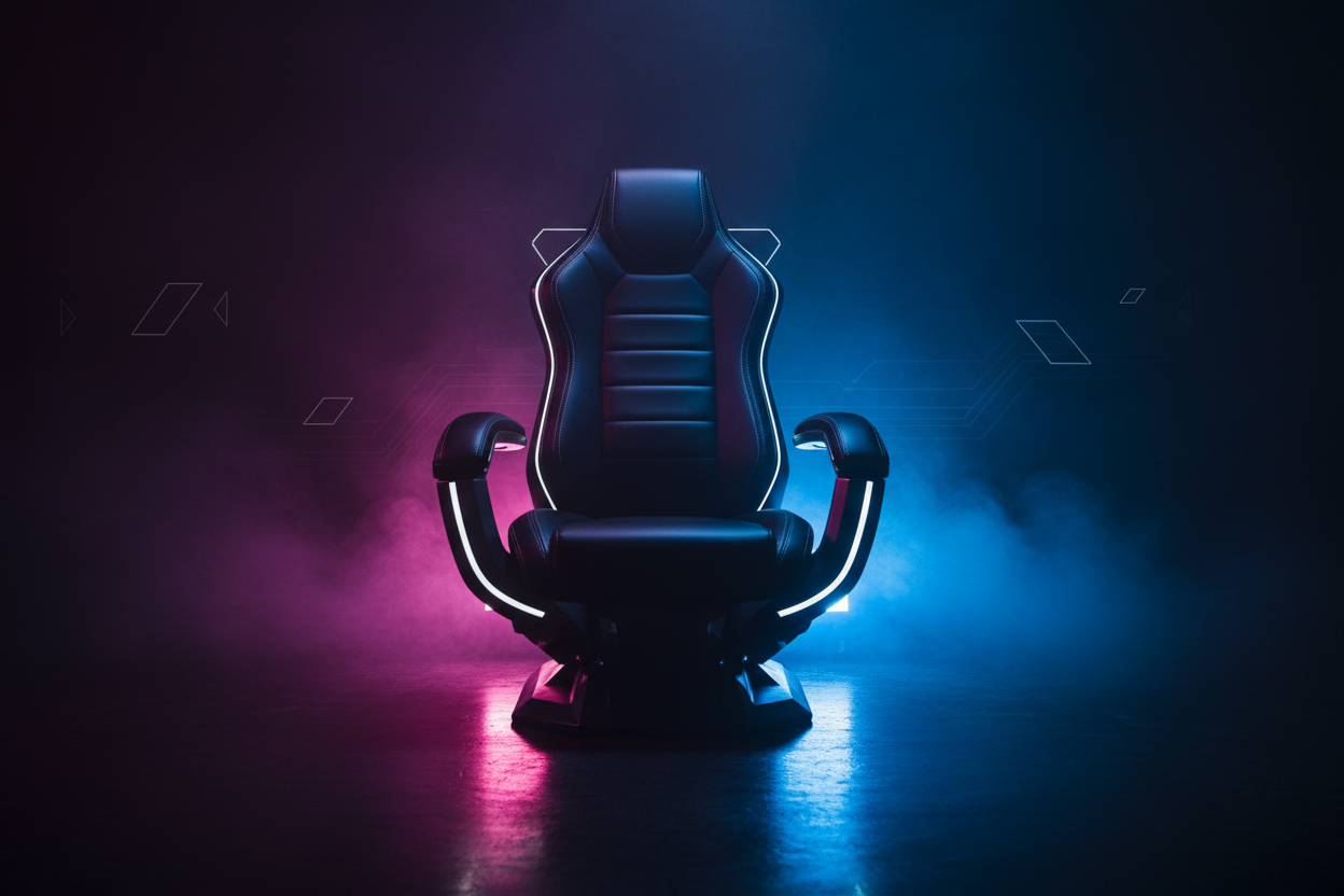 A modern gaming chair centered in a dark studio. Neon lighting splits the scene with electric blue on the right and vibrant magenta on the left. Soft glow lights reflect off the chair’s contours. Minimal background with subtle fog and light haze. Cyberpunk aesthetic. High contrast lighting. Cinematic composition. Ultra sharp focus. Photorealistic materials. Smooth leather texture. Metallic accents. Clean floor reflections. 4K resolution. Studio photography style.