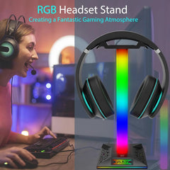 RGB Headset Stand, Gaming Headphone Stand with 2 USB Charging Ports,10 Light Modes Headset Holder PC Gaming Accessories, Suitable for All Earphone Accessories, Gift for Boys Men Gamers