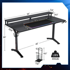 Gaming Desk 55INCH with RGB Mouse Pad & Power Outlet, Carbon Fiber Surface Gamer Desk with Monitor Stand, Ergonomic Y Shaped Gamer Table with Cup Holder, Headphone Hook, Outlet Organizer