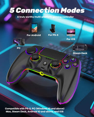 Wireless Pro Controller for Ps-5/Pc/Mac/Ios/Android/Steam Deck, Gamepad with 7 Variable Color RGB Lights/Hall Effect Joystick/Dual Vibration/Turbo/Programmable/Headset Jack/Touchpad/1500 Mah Battery