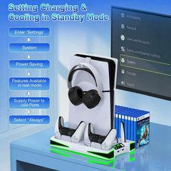 PS5 Stand, Vertical Cooling Station for PS5/PS5 Slim Console with 3-Level Ultra Cooling Fan, PS5 Accessories Dual Controller Charger, 3 Charger Ports, Headset Holder, Dynamic Light