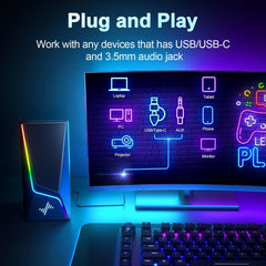 Computer Speakers with Subwoofer, 2.1 Hi-Fi PC Speakers System with 6 Lighting Modes, Enhanced Bass, Plug and Play, USB/USB-C Powered and 3.5Mm Aux in for Desktop, Monitor, Laptop, Tablet