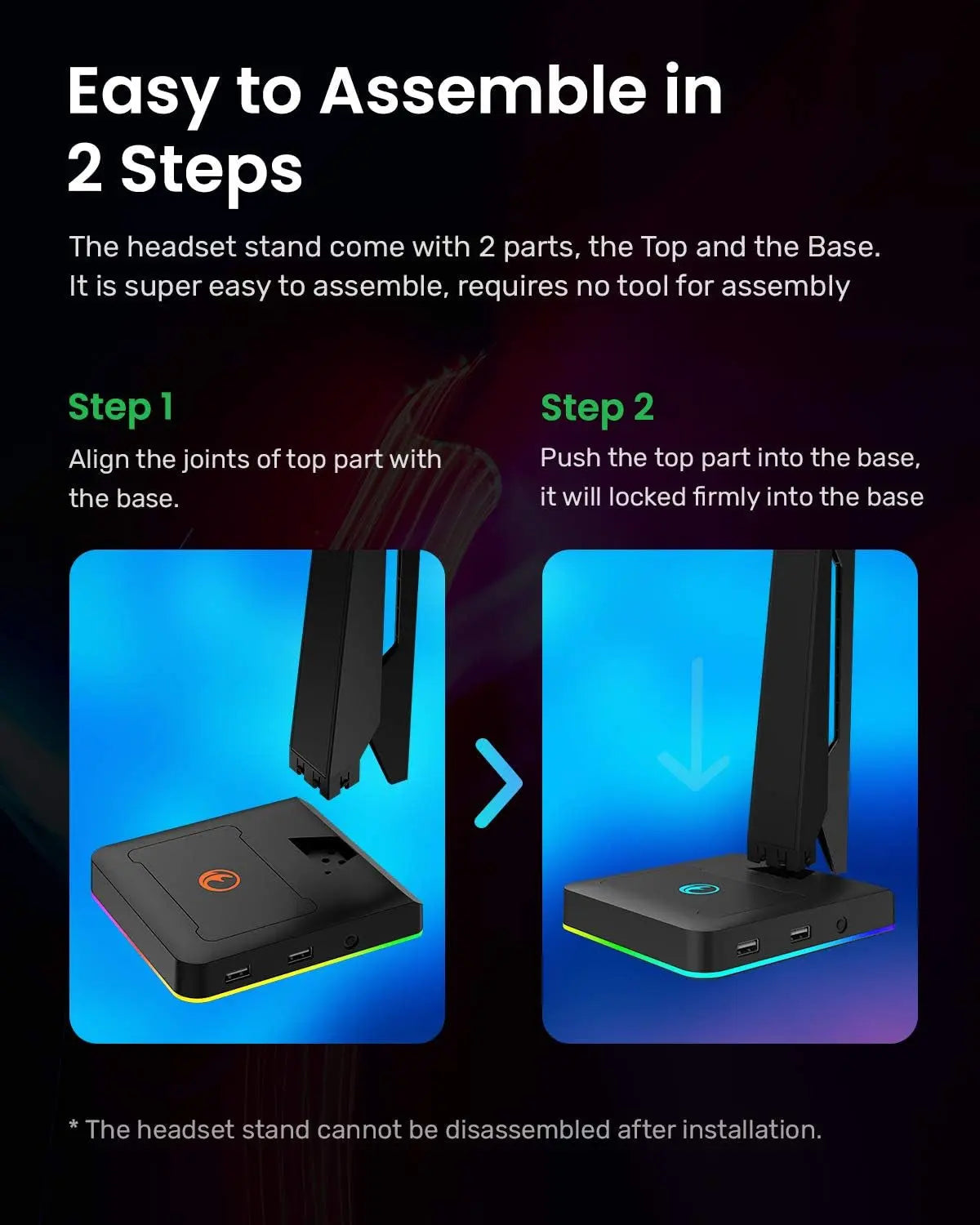 RGB Gaming Headset Stand with 2 USB Ports, Game Headphone Mount for PC, Xbox One, PS4, Switch, Earphone Holder Hanger, Great for Gaming Stations, Fancy Desk Gamer Accessories, Black