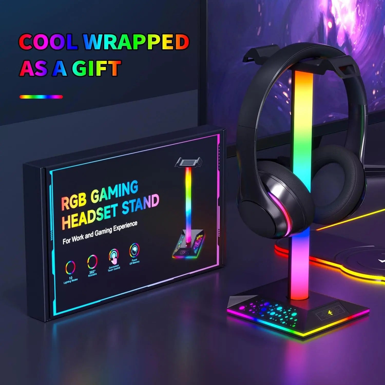 Headphone Stand Gaming Headset Holder RGB PC Gaming Accessories for Desk, Cool LED Headset Stand with 2 USB Charger for Gamer, Black