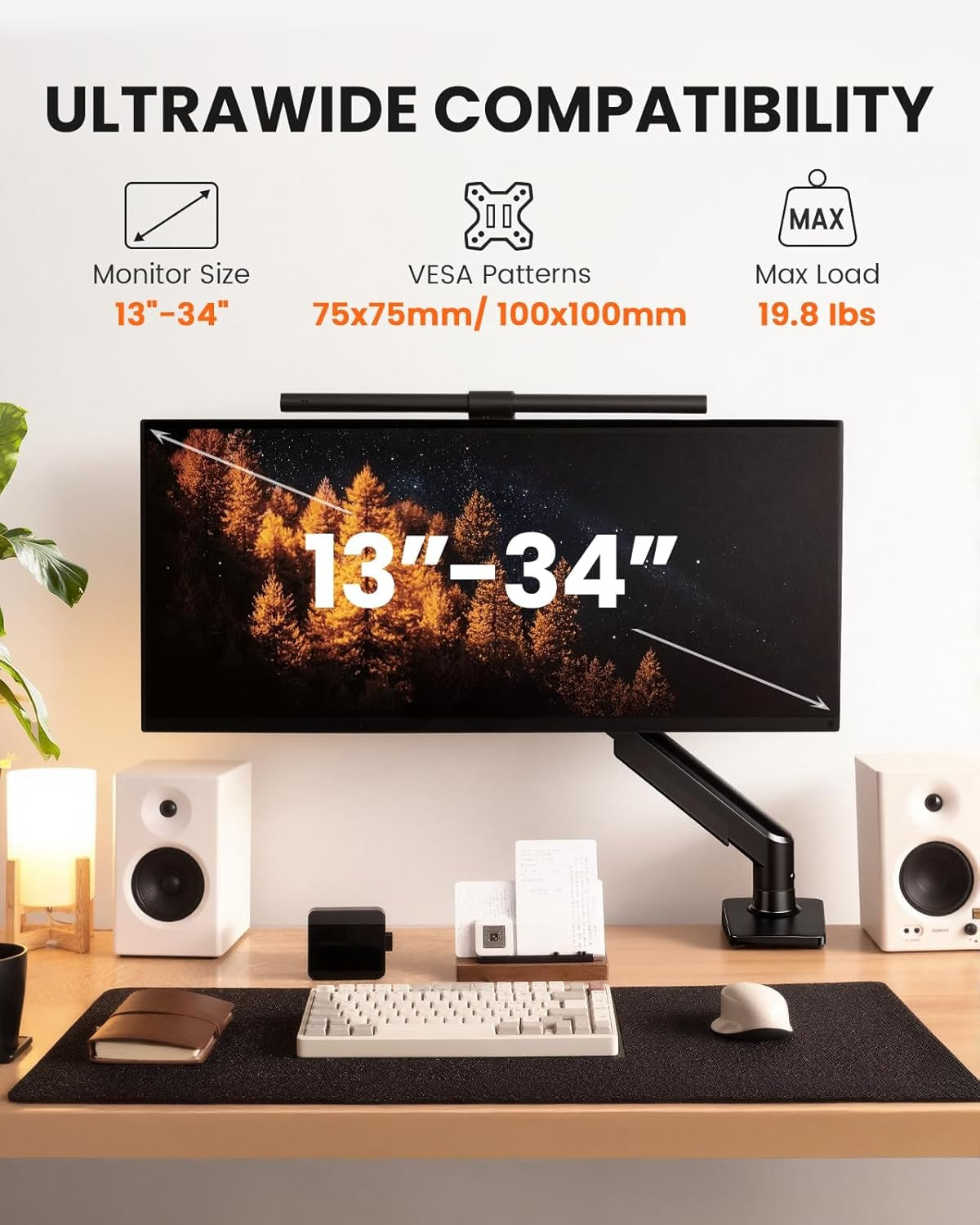 Single Monitor Arm, Fully Adjustable Monitor Mount for 13–34 Inch Screens, Fast Install Computer Monitor Stand with Tool-Free VESA Mount, Cable Management, Holds 19.8 Lbs, Max VESA 100X100Mm