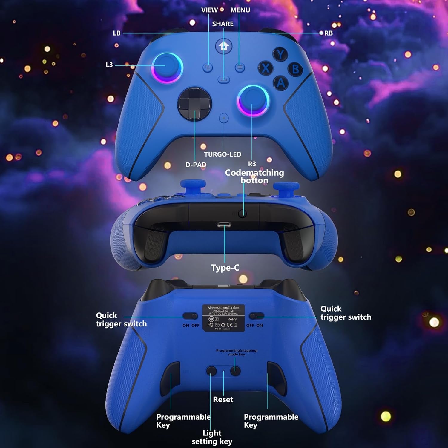 YUYIU Wireless RGB Controller for Xbox Series X|S, Xbox One & PC, Hall Effect Sticks, Turbo, Programmable Buttons, 1000mAh Battery