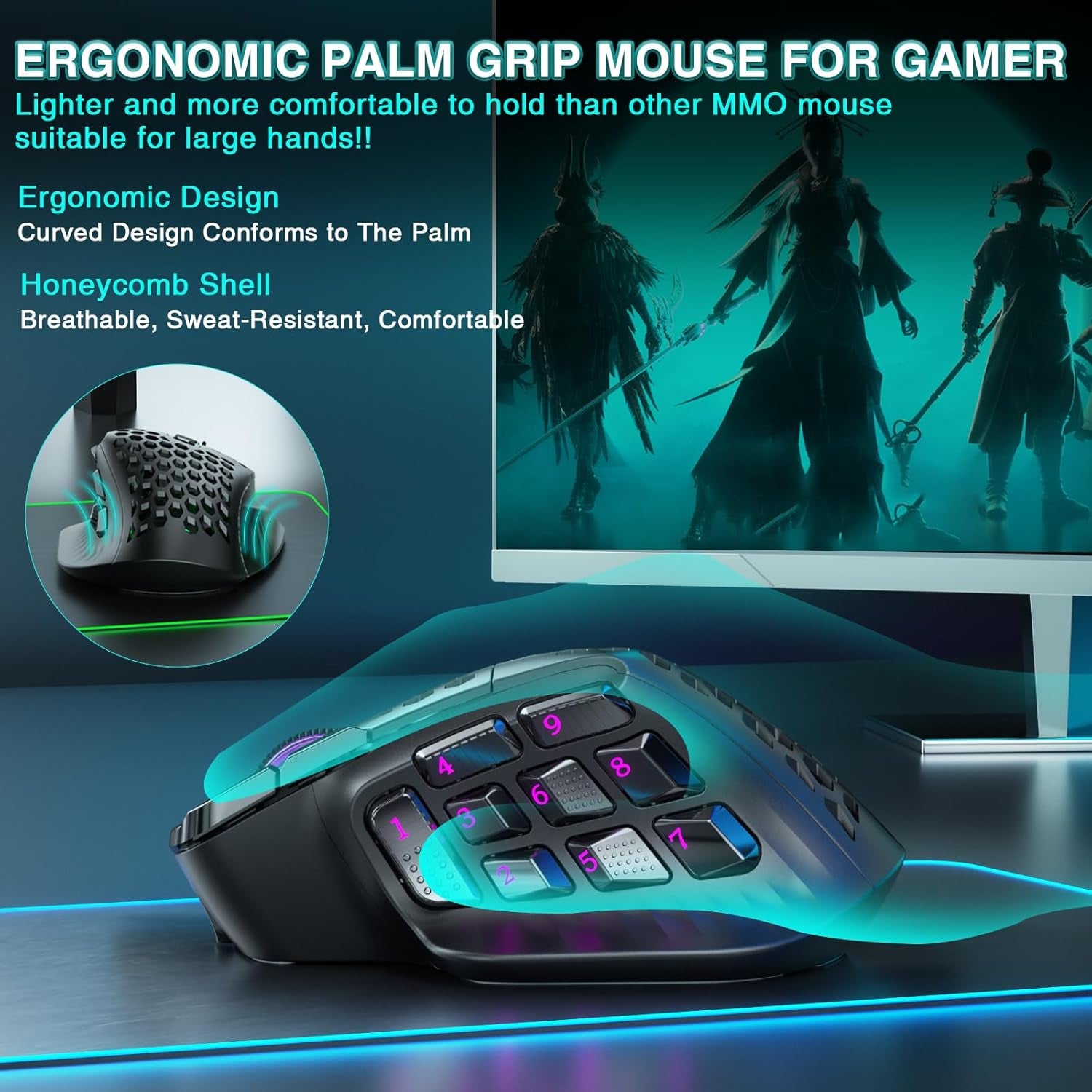 SM809 Pro Gaming Mouse with 9 Side Buttons, 24000 DPI, Triple-Mode Wireless, Black
