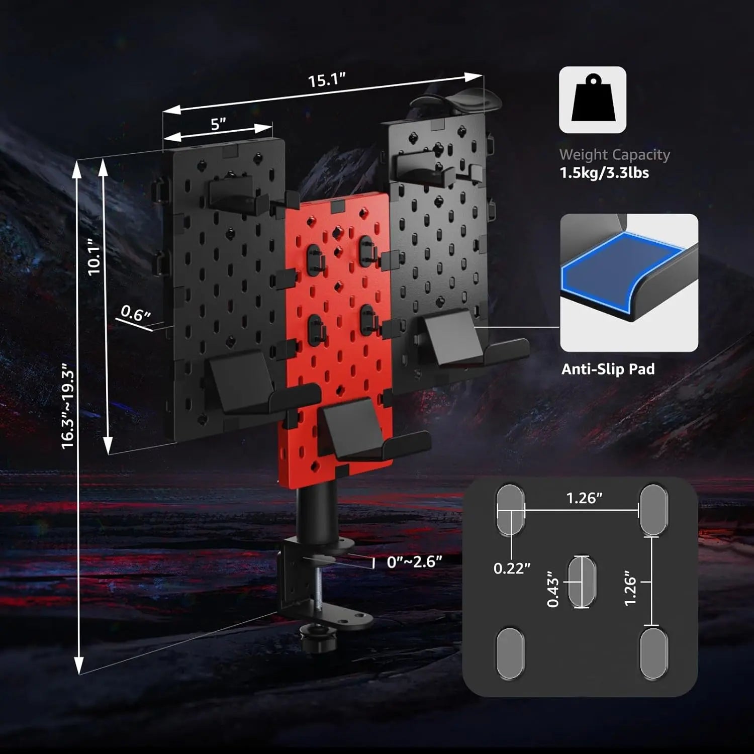 Modular Headphone and Controller Holder for Game, Clamp-On Pegboard, Rotatable Controller Stand with Cable Hooks, Gaming Accessory for Xbox PS5 PS4 Nintendo Switch, 3Pcs Pegboard, Red
