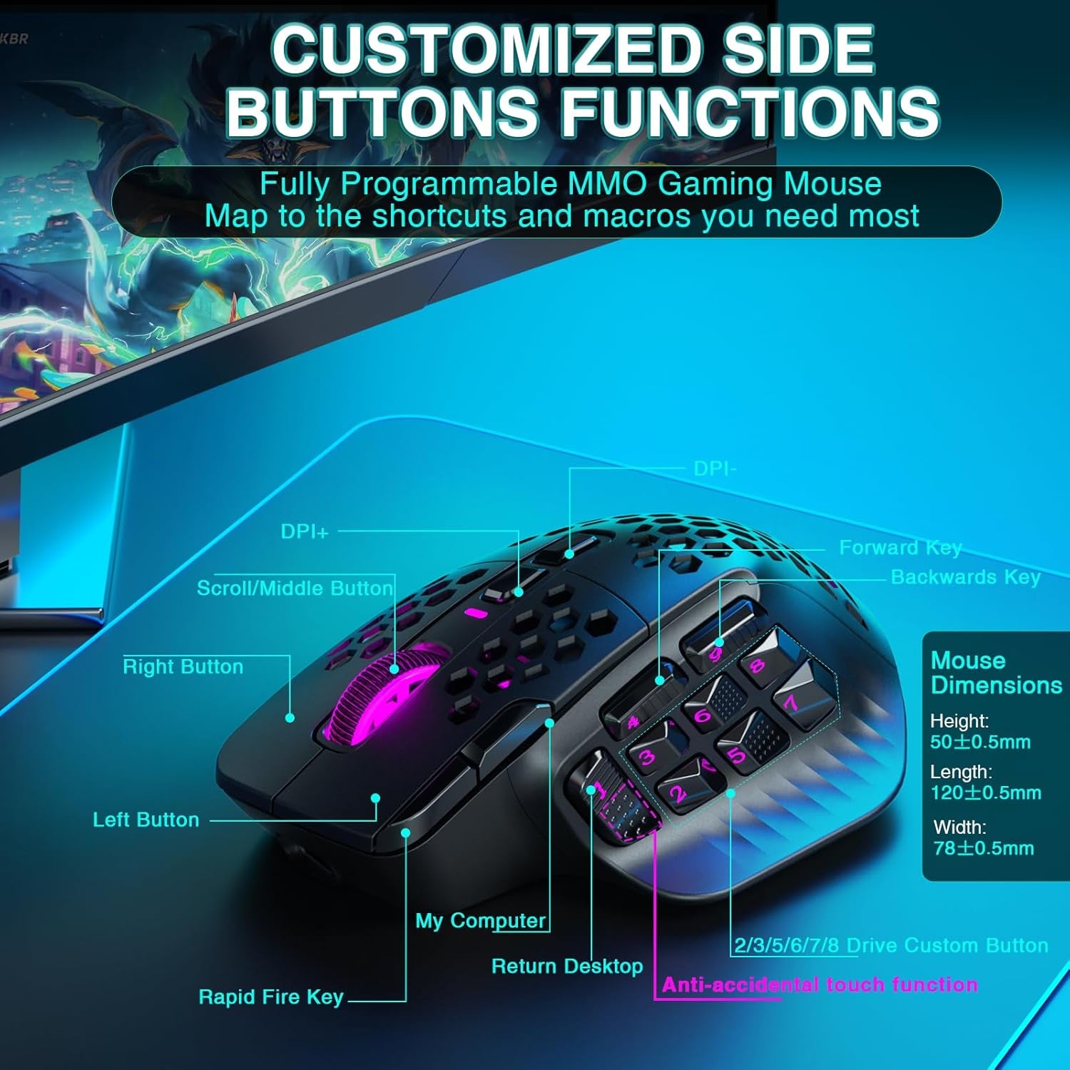 SM809 Pro Gaming Mouse with 9 Side Buttons, 24000 DPI, Triple-Mode Wireless, Black