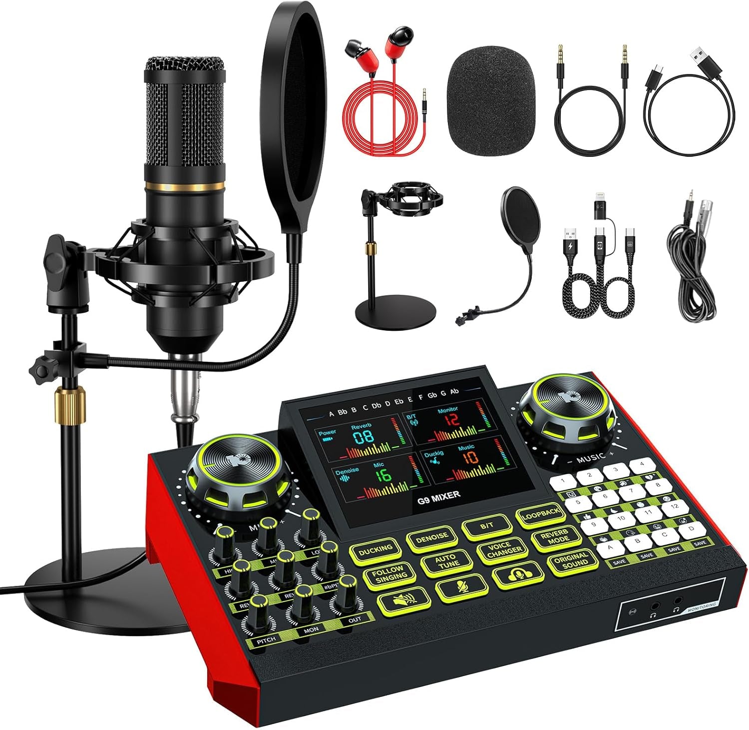 Tenlamp Podcast Microphone Bundle with Live Sound Card Audio Mixer