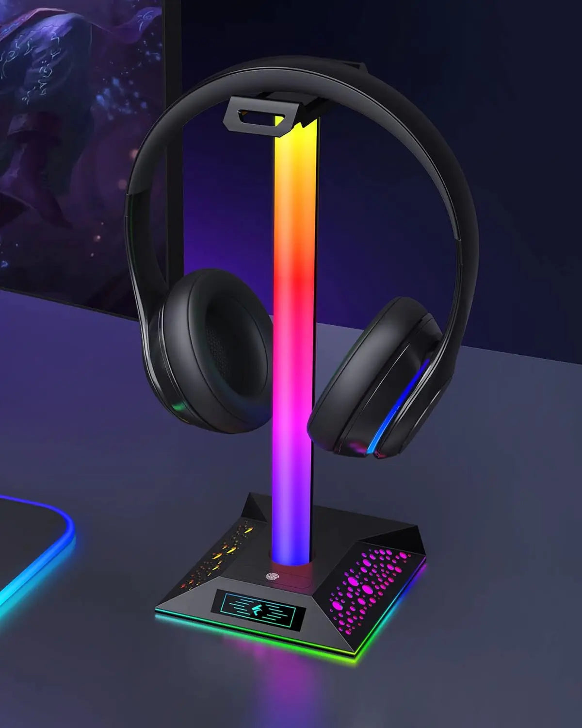 Headphone Stand Gaming Headset Holder RGB PC Gaming Accessories for Desk, Cool LED Headset Stand with 2 USB Charger for Gamer, Black