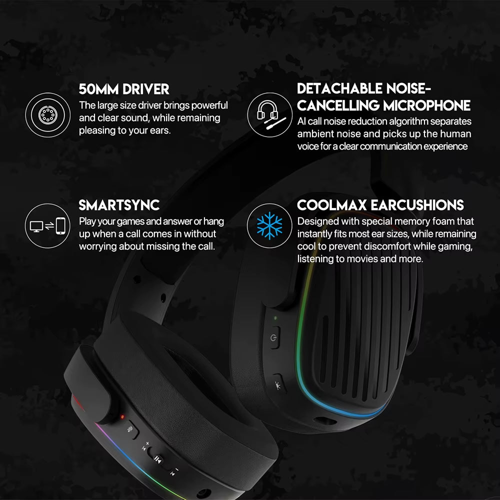 Harmony WHG02 Wireless Headphones Bluetooth 5.3 50Mm Bass-Enhancing Diaphragm RGB Gaming Headset for PC PS4 PS5