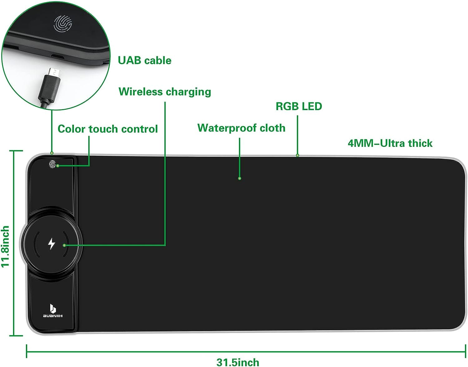 RGB Gaming Mouse Pad with 15W Wireless Charging, Extended Desk Mat 31.5 x 11.8 Inch, LED Mouse Pad with 10 Lighting Modes, Non-Slip Base for Keyboard, Mouse