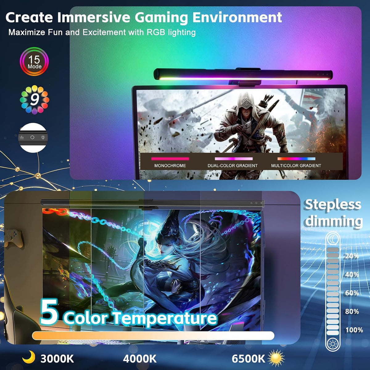 BZHKU 16.6" RGB Monitor Light Bar, Dimmable Gaming Desk Light with 9 RGB Modes & 3 Color Temperatures