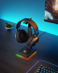 RGB Gaming Headset Stand with 2 USB Ports, Game Headphone Mount for PC, Xbox One, PS4, Switch, Earphone Holder Hanger, Great for Gaming Stations, Fancy Desk Gamer Accessories, Black