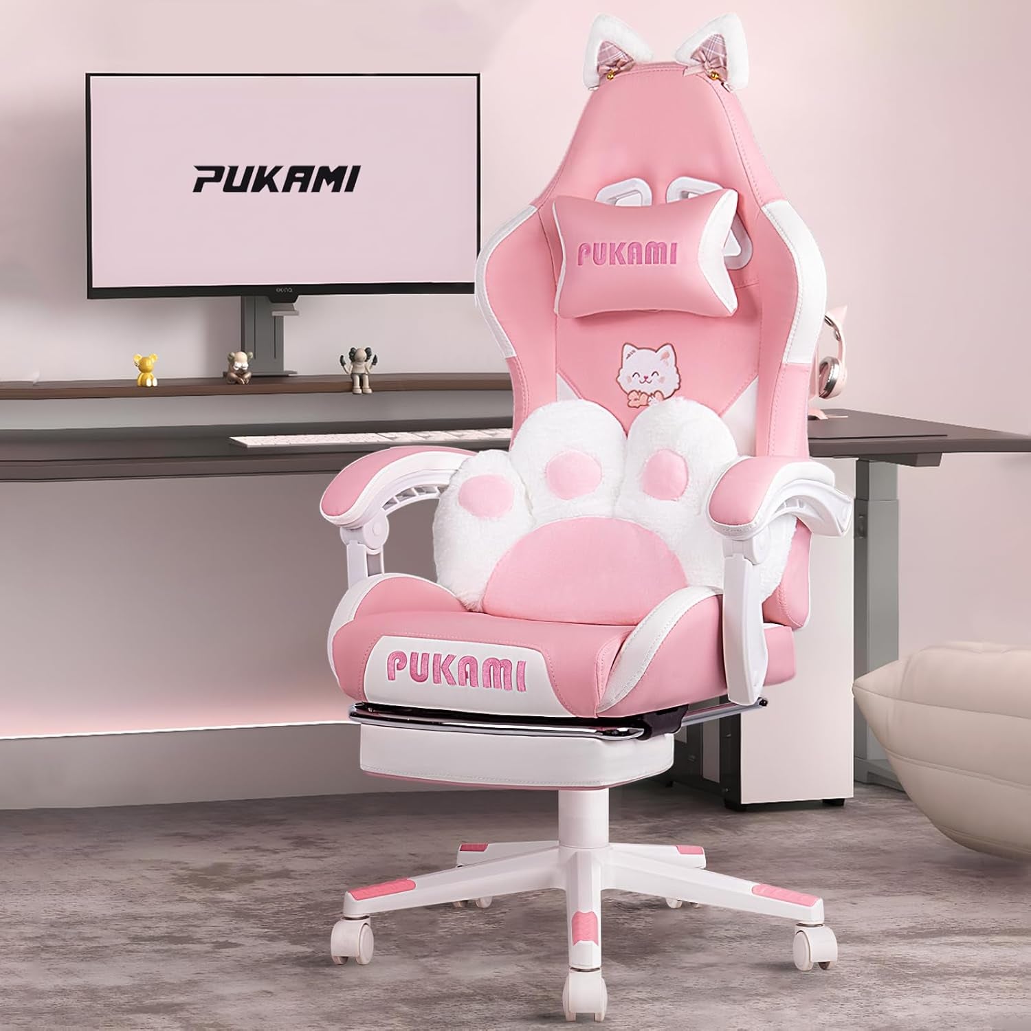 Pink Gaming Chair Cute with Cat Ears and Cat Paw Lumbar Cushion, Ergonomic Computer Chair for Girl with Footrest and Headrest, Comfortable Reclining PC Game Chair for Adult, Teen, Pink