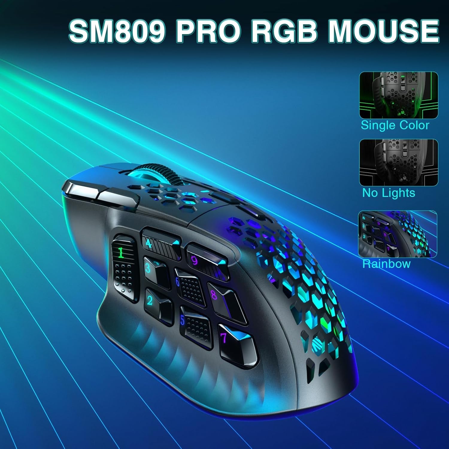 SM809 Pro Gaming Mouse with 9 Side Buttons, 24000 DPI, Triple-Mode Wireless, Black