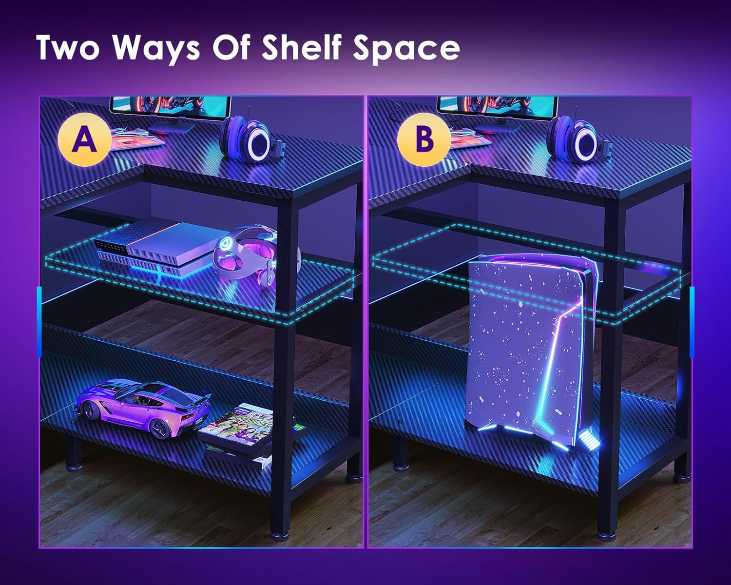 48 Inch Gaming Desk with LED Lights and USB Charging Ports, Reversible L Shaped Computer Desk with Monitor Stand, Storage Shelves, and Power Outlets, Corner Gaming Desk, Black