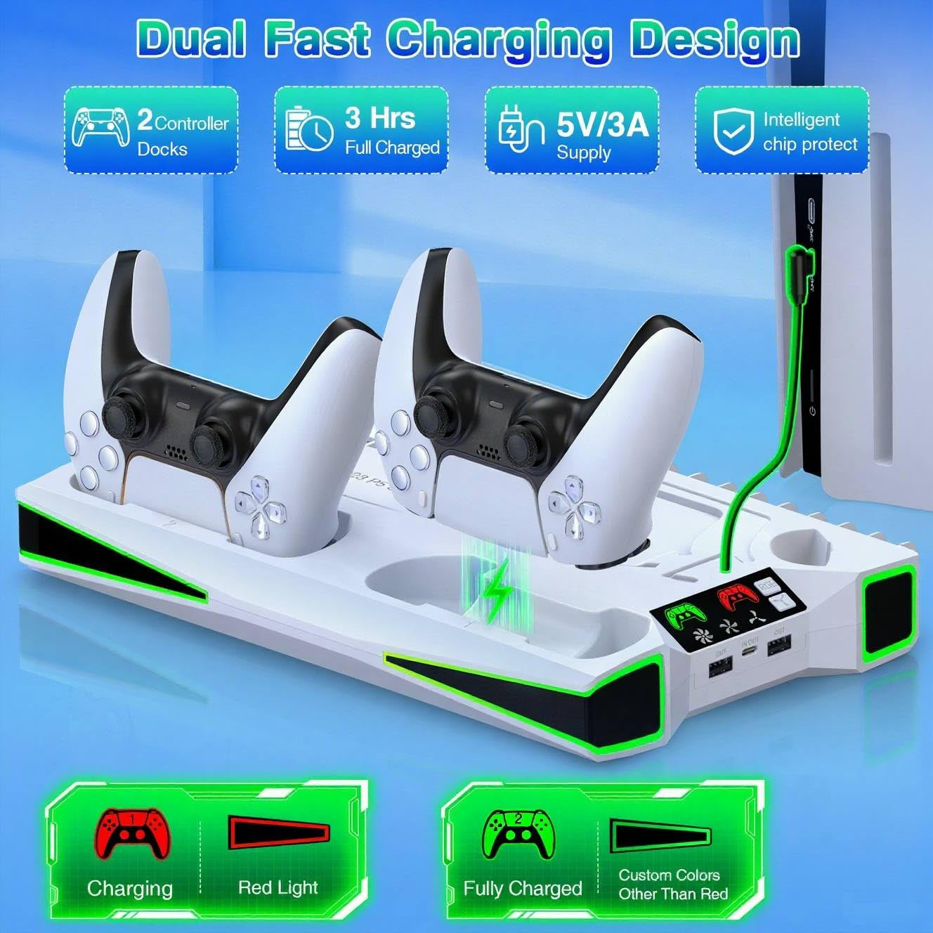 PS5 Vertical Stand with Cooling Fan for PS5 and PS5 Slim, 3-Level Turbo Cooling Station with Dual Controller Charger