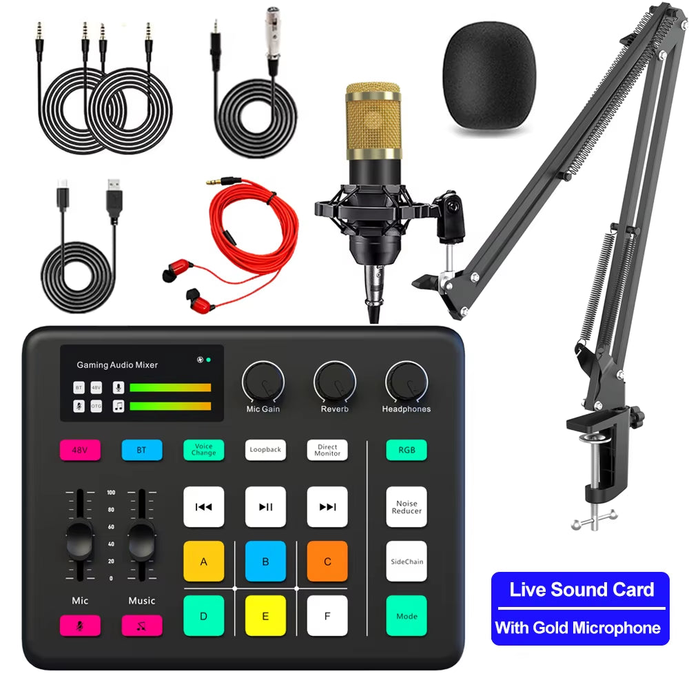 Broadcast Live Sound Card Audio Mixer with Microphone Set for Streaming, Gaming, and Podcasting