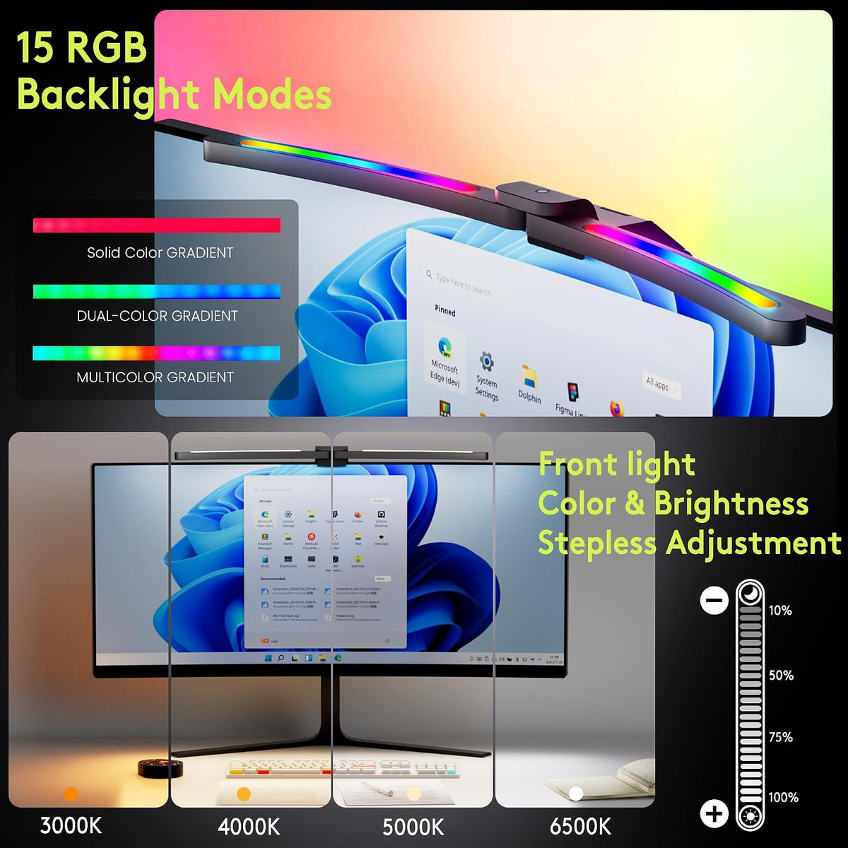 Quntis 26" Curved Monitor Light Bar for 34"+ Ultrawide Screens, 15 RGB Modes, Auto-Dimming & Remote